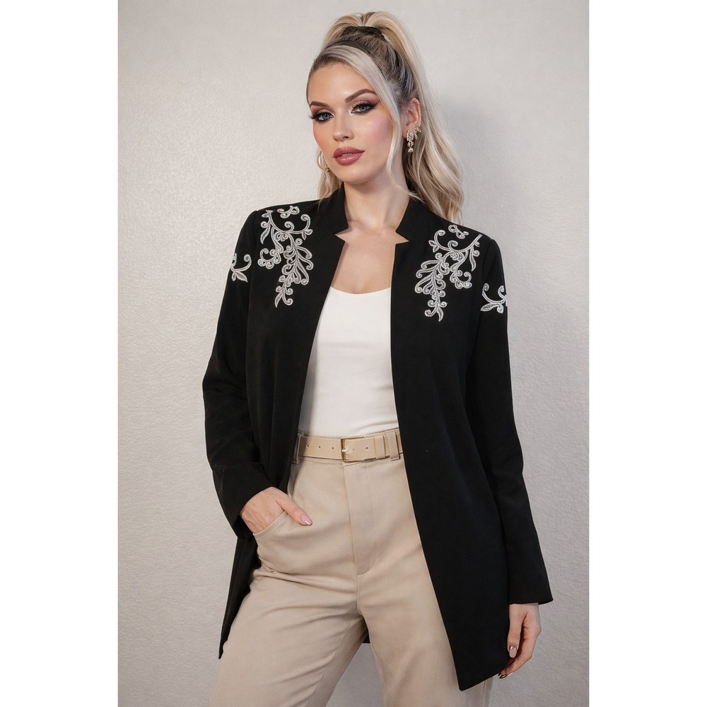 Peter Nygard Womens Black Embroidered Open Front Blazer Jacket Silver Floral 6